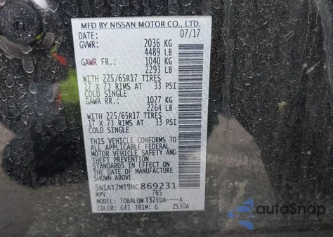 2017 Nissan Rogue Sv z USA, uszkodzony, nr VIN 5N1AT2MT9HC869231